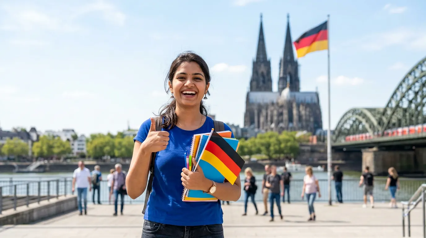 Smiling student holding German notebooks and a German flag in front of Cologne Cathedral